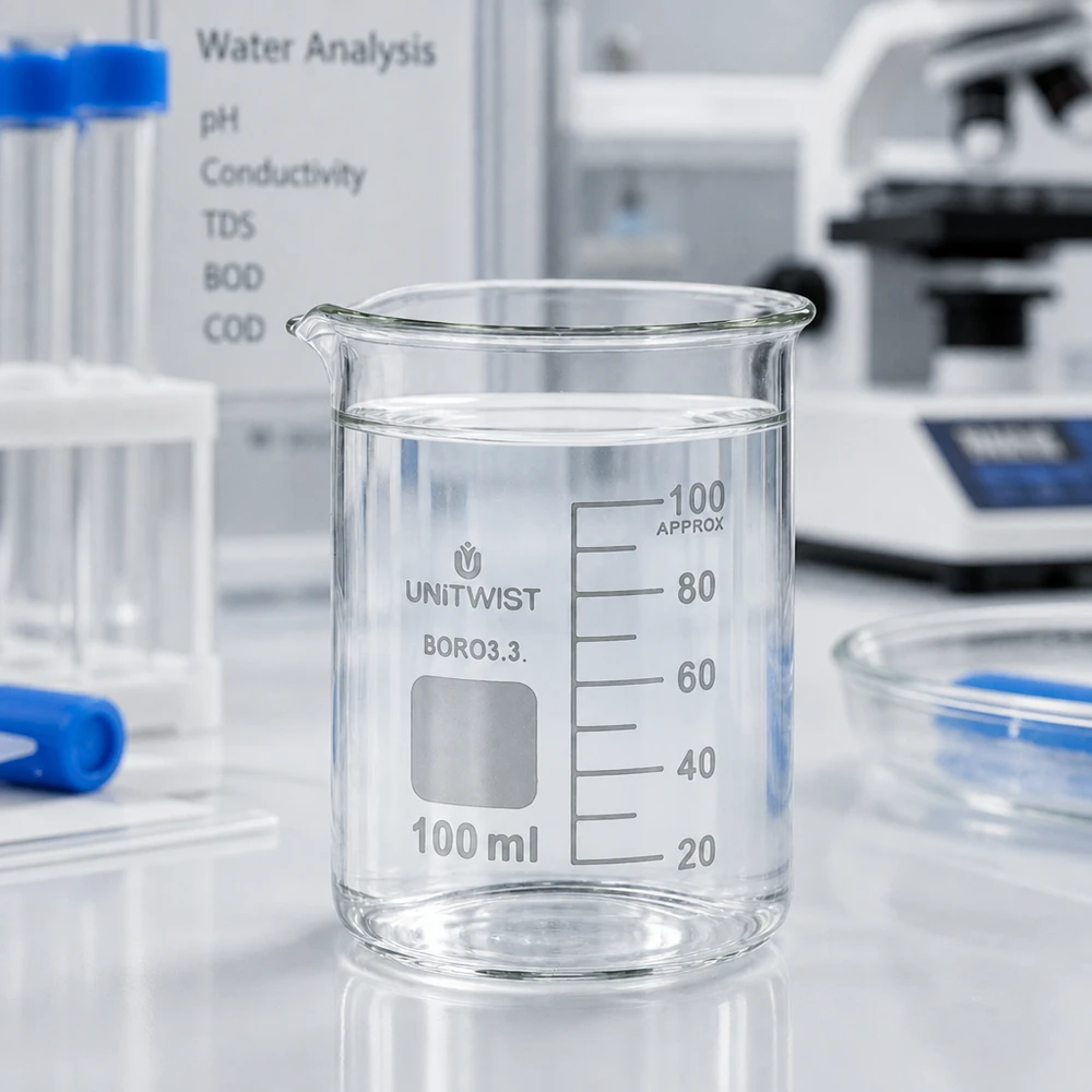 Becher da 100 ml a forma bassa con acqua limpida per analisi dell'acqua: pH, conducibilità, TDS, BOD, COD