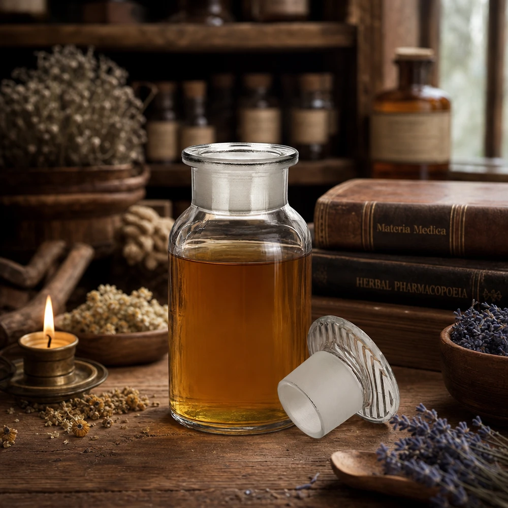 Bottiglia a spalla tonda 100ml trasparente a collo largo con tappo in vetro Flacone da farmacia da 100 ml trasparente con tappo in vetro a collo largo per tinture di erbe e oli
