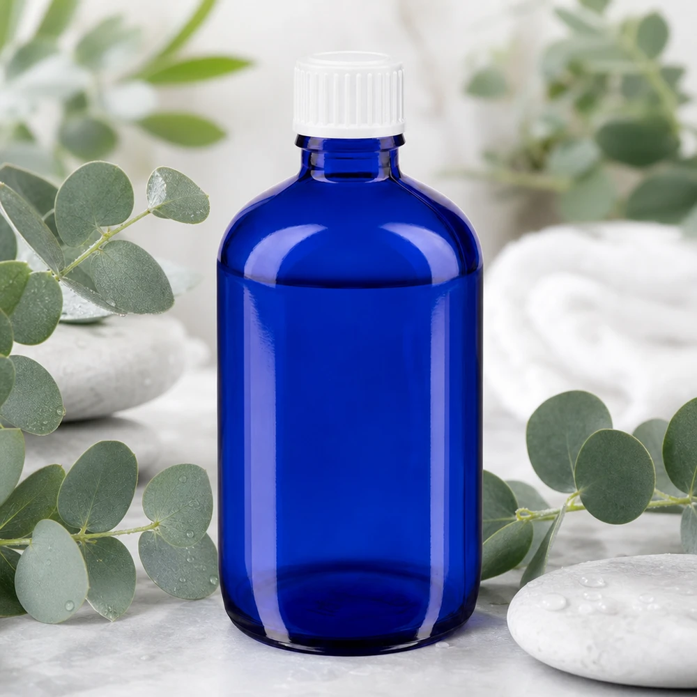 100ml blu apofl. SV STD bianco/11mm ApoGlas Flacone da farmacia da 100 ml blu cobalto con tappo bianco tra rami di eucalipto