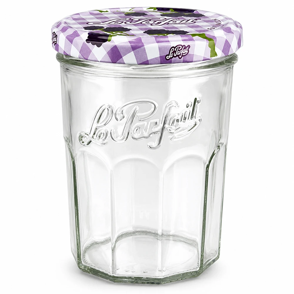 Bicchieri Le Parfait da 385 ml con coperchio a vite a scacchi viola per marmellata e conserve in vetro trasparente