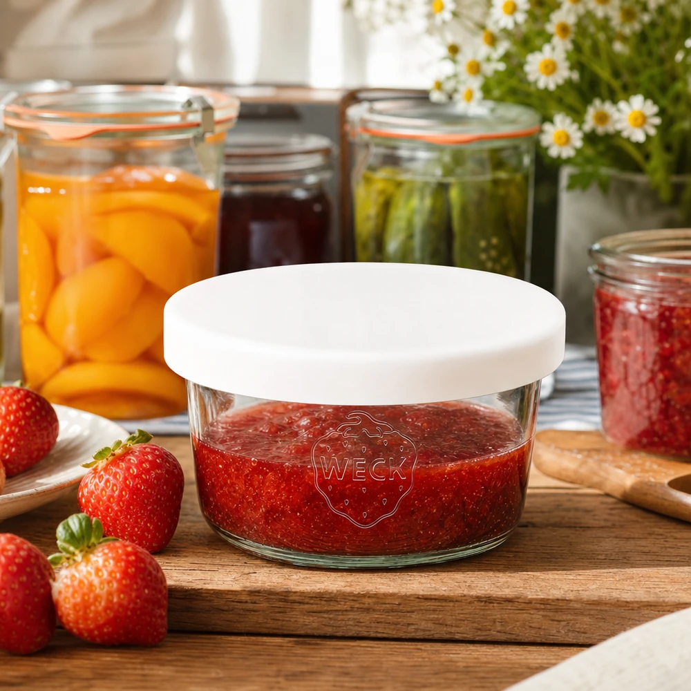 WECK Barattolo da 165 ml con coperchio in silicone bianco riempito di marmellata di fragole accanto a fragole fresche su una tavola di legno