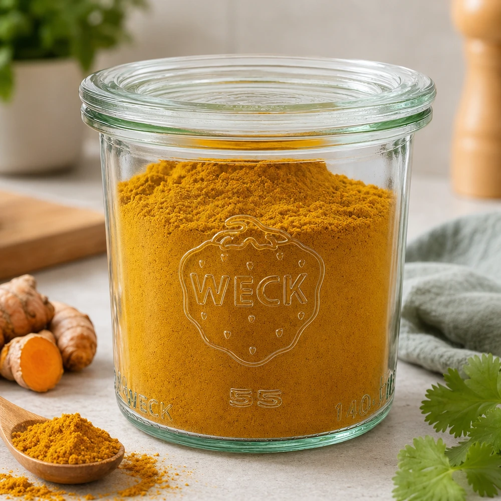 Barattolo da 140 ml con coperchio in vetro WECK RR60 WECK Sturzglas 140ml RR60 mit Kurkumapulver gefüllt zeigt Verwendung als Gewürzglas neben frischem Kurkuma