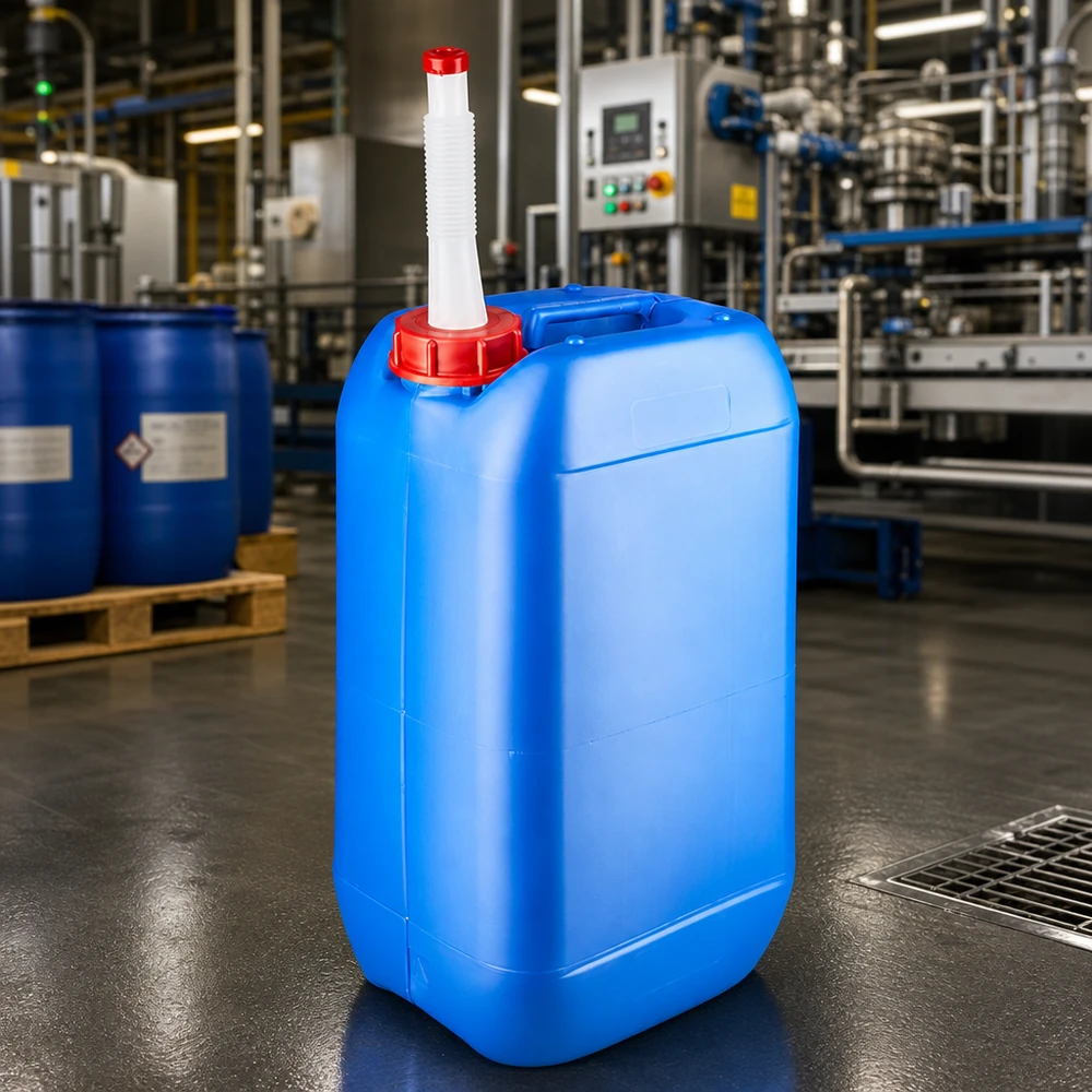 Tanica 15 litri blu con tubo di uscita Flex Tanica industriale da 15 litri, blu, con beccuccio flessibile in un moderno ambiente industriale