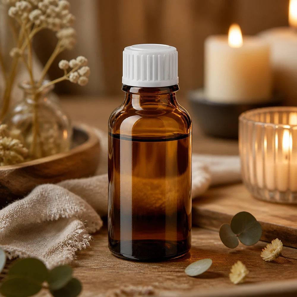 Flacone di vetro da 20 ml color ambra con tappo a vite bianco, appoggiato su un tagliere di legno accanto a rami di eucalipto e candele