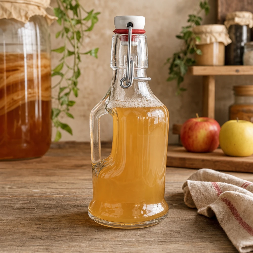 Bottiglia di vetro UNiTW Bertha 200ml riempita di succo di mela in una cucina rustica accanto a delle mele dettaglio dell'altalena