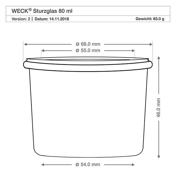 Barattolo da 80 ml con coperchio salva-freschezza WECK RR60 Disegno tecnico dei tumbler WECK 80ml RR60 con dimensioni e specifiche per cucina e magazzino