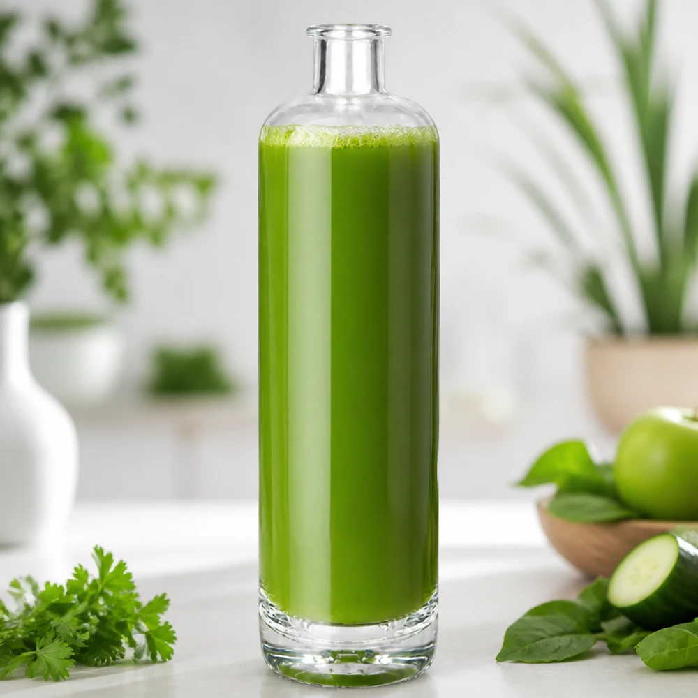 Bottiglia in vetro da 700 ml Ella senza tappo UNiTWIST® Bottiglia di vetro da 700 ml di Ella riempita di frullato verde in cucina decorata con erbe e verdure fresche