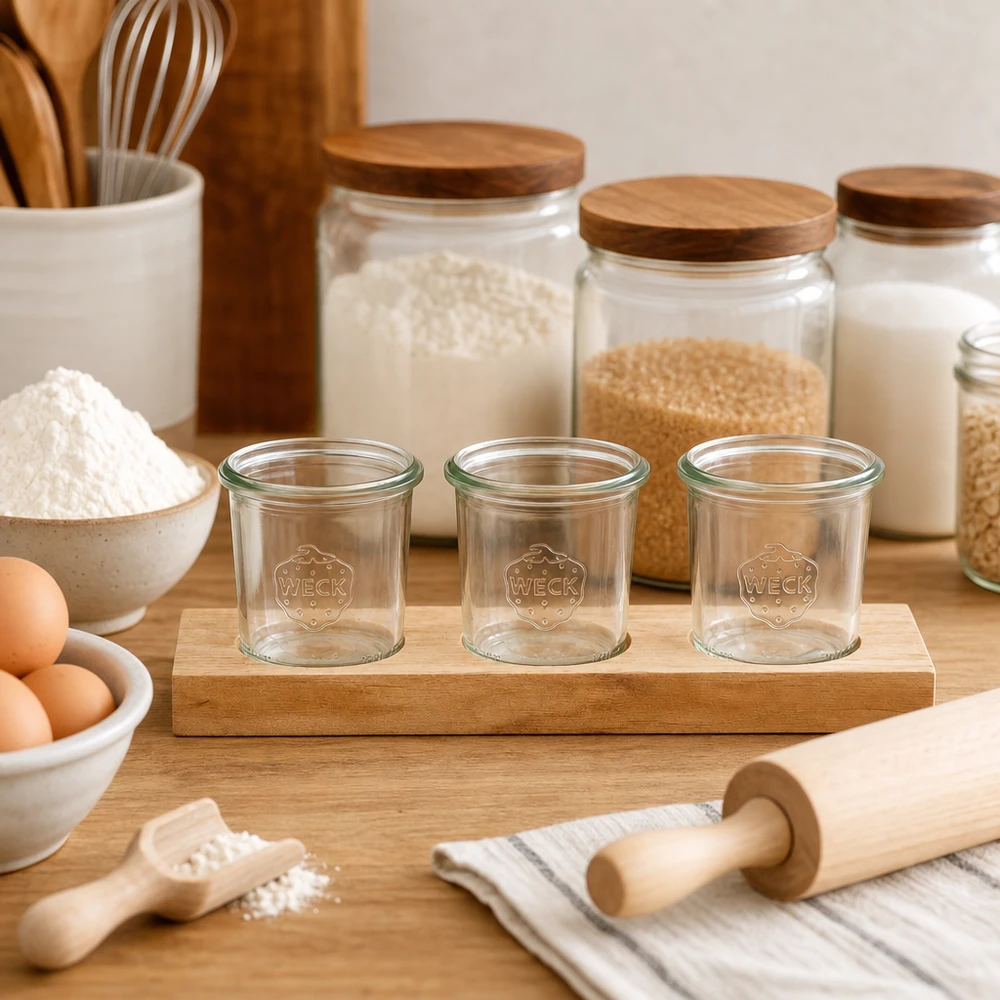 Barattoli WECK vuoti da 140 ml su tavola di legno Plano3 in cucina con ingredienti da forno, farina, uova e mattarello per la cottura.