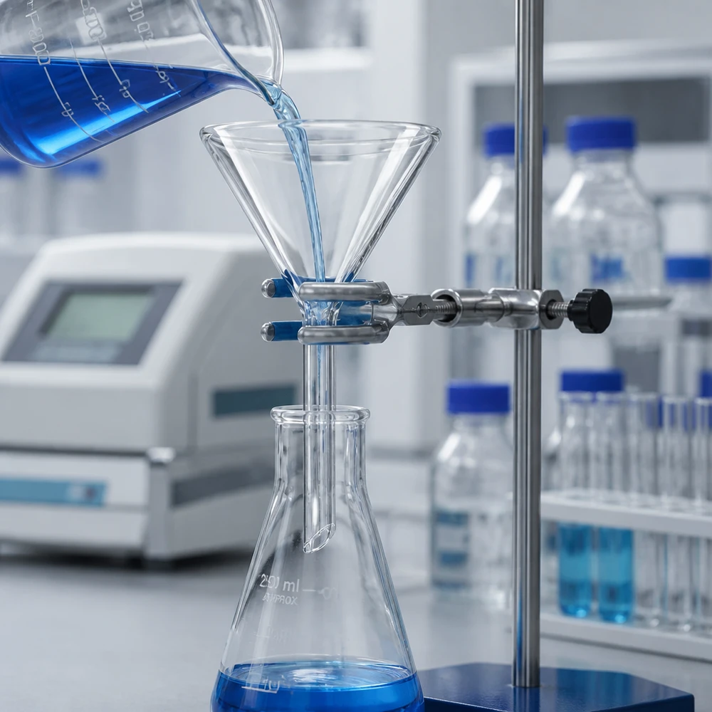 Imbuto Ø 50mm per calce sodata, angolo 60°, stile corto Imbuto in vetro trasparente con forma ad angolo di 60 gradi per un flusso ottimale in ambiente di laboratorio