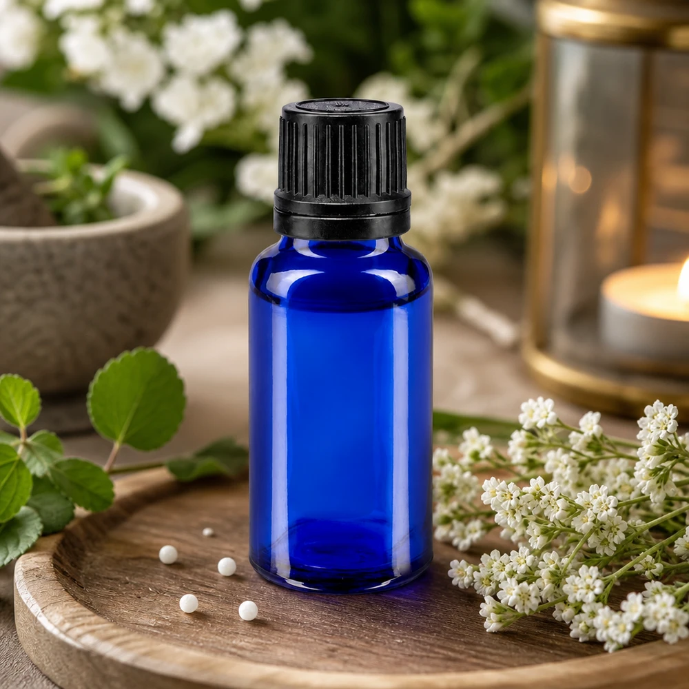 Flacone contagocce da 20 ml di colore blu cobalto con contagocce di precisione da 1 mm e tappo di sicurezza a prova di bambino che garantisce l'integrità del prodotto