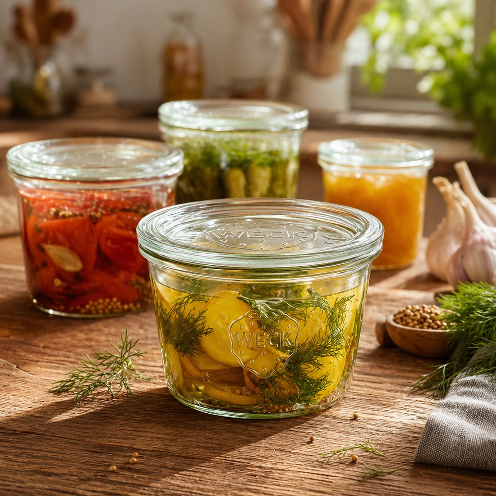 Barattolo da 370 ml con coperchio in vetro WECK RR100 Barattolo WECK RR100 da 370 ml pieno di cetriolini e aneto sottaceto accanto ad altri barattoli da conserva su un tavolo di legno