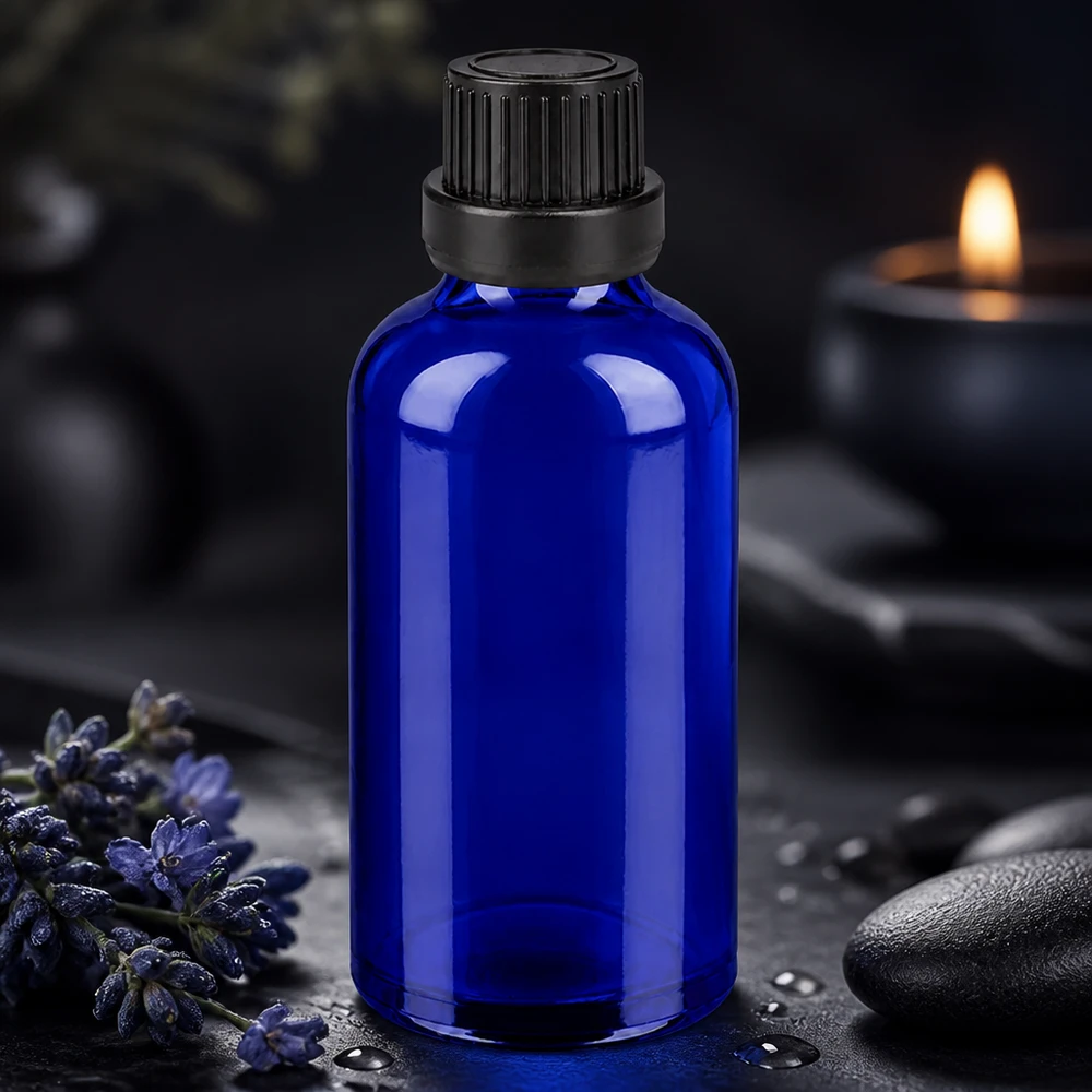 Bottiglia da 50ml 11mm SV nero OV BlueLine UT18/50 Piccolo e pratico flacone in vetro da 50 ml con tappo a vite nero, ideale per i viaggi e gli spostamenti.