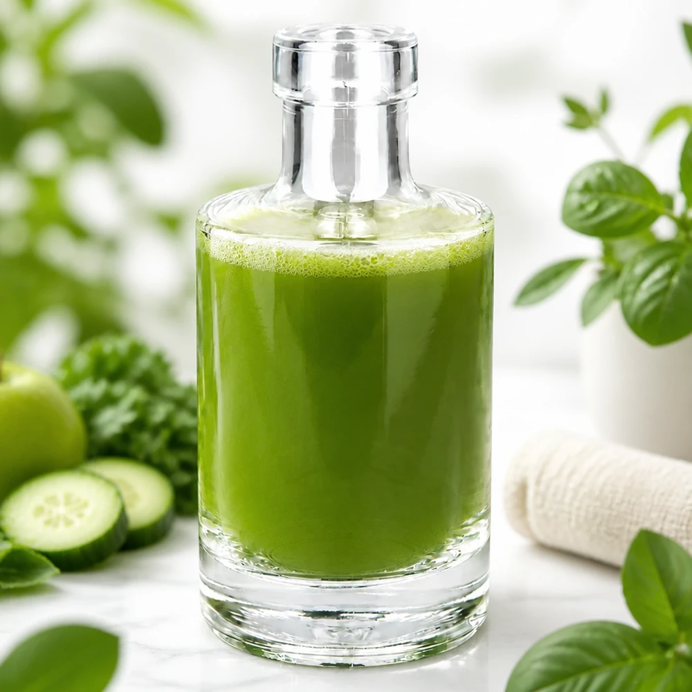 Bottiglia in vetro da 200 ml Marie senza tappo UNiTWIST® Bottiglia di vetro da 200 ml Marie riempita di frullato verde circondato da cetrioli e piante Stile di vita sano e nutriente