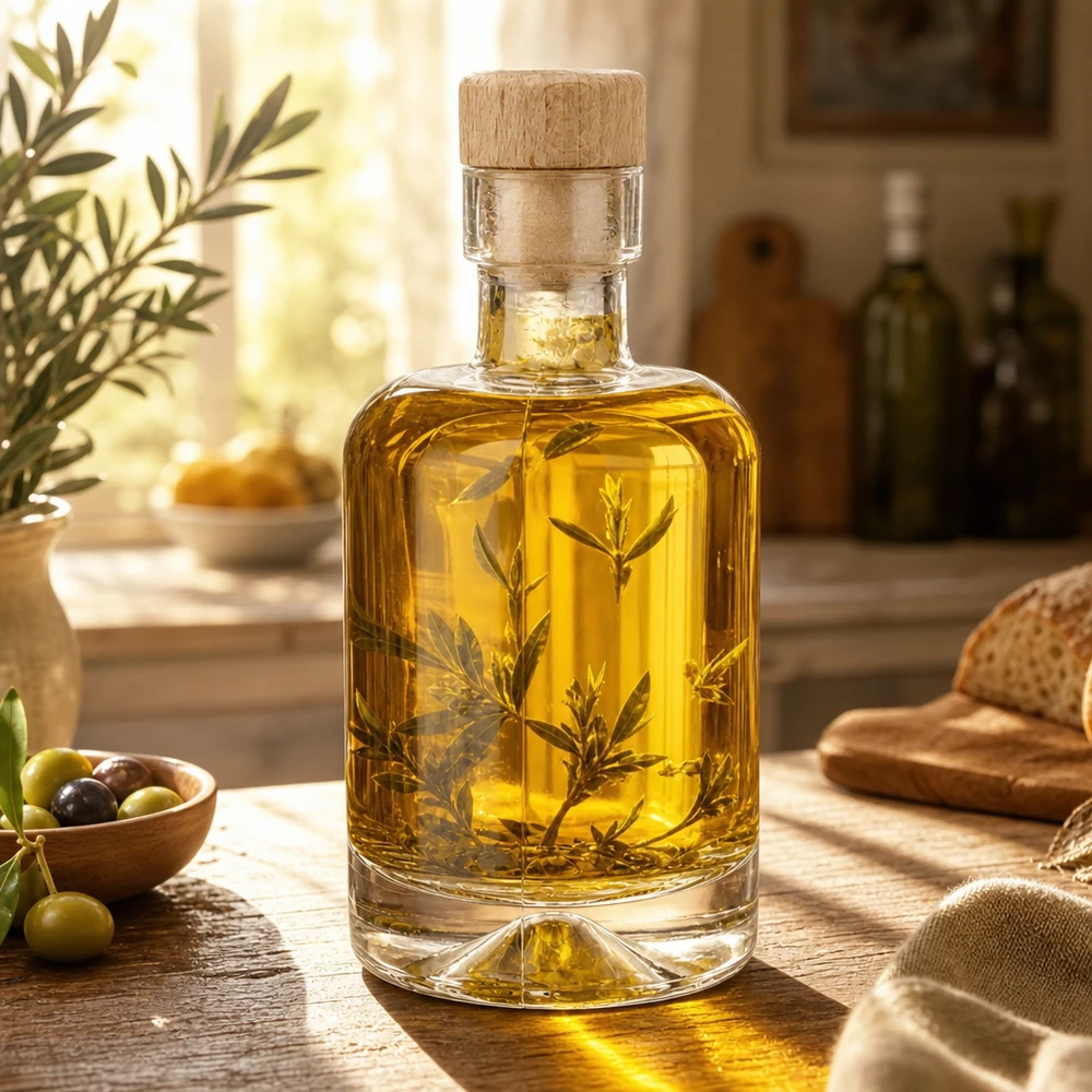 Bottiglia in vetro da 50 ml Amelie con tappo in sughero con impugnatura in legno UNiTWIST Bottiglia di vetro da 50 ml di Amelie riempita di olio d'oliva ed erbe aromatiche in una cucina mediterranea con olive e pane.