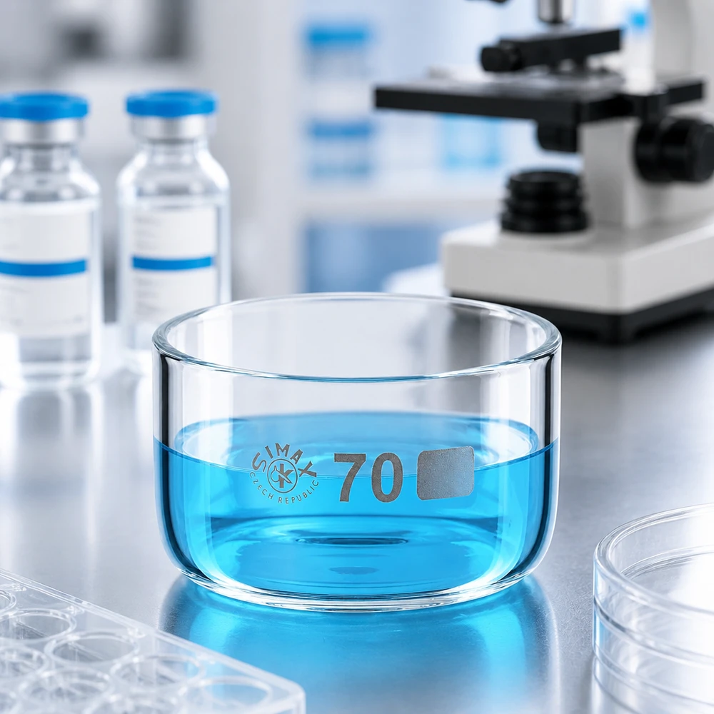 Piatto di cristallizzazione da 100 ml senza beccuccio Bo. ø70mm Vaschetta di cristallizzazione Simax da 100 ml piena di liquido blu, tra le fiasche da laboratorio e il microscopio