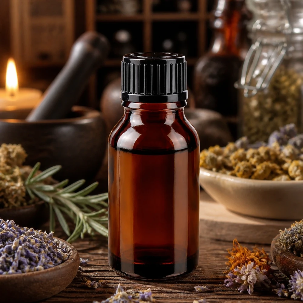 Bottiglia per farmacia marrone 15ml tappo a vite nero pc Piccola bottiglietta di vetro marrone da 15 ml con tappo a vite nero, circondata da erbe medicinali essiccate