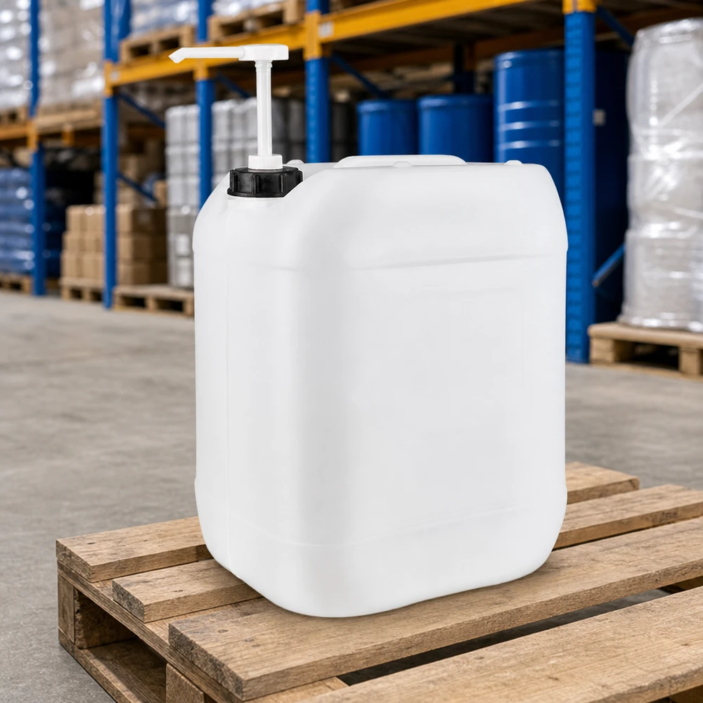 Tanica da 20 litri con pompa dosatrice Tanica rettangolare da 20 litri con pompa dosatrice su pallet di legno in un magazzino industriale