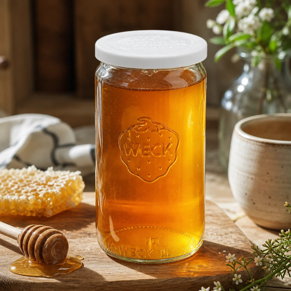 Vaso cilindrico WECK da 340 ml riempito di miele e coperchio bianco di freschezza RR60 su tavolo di legno con cucchiaio da miele