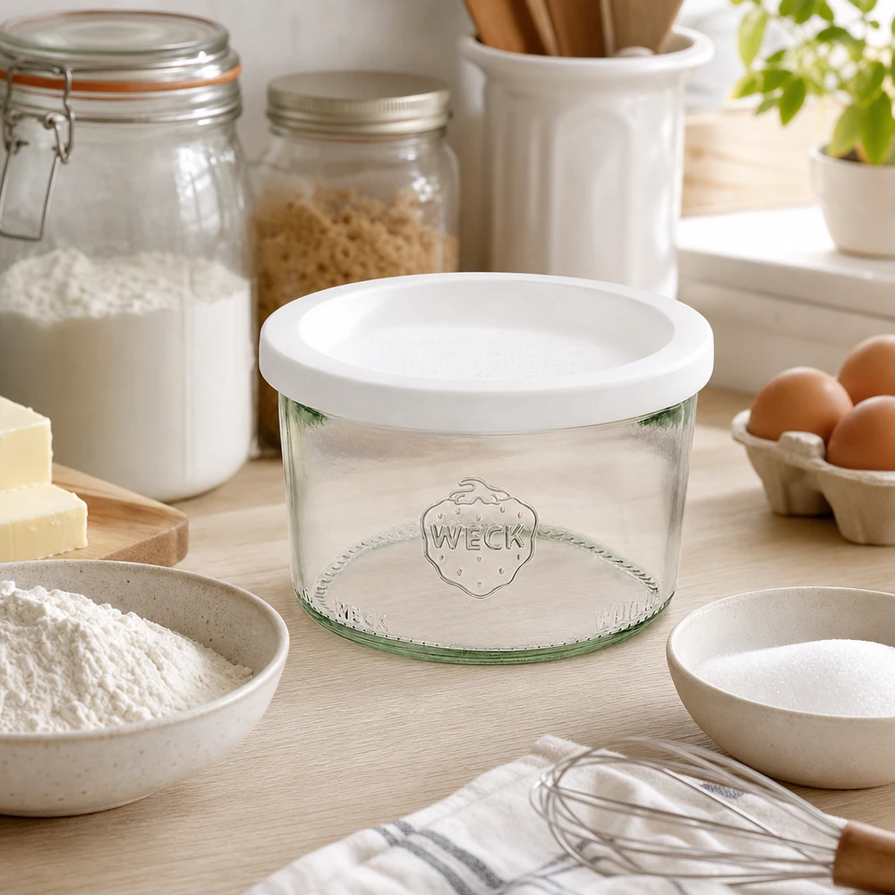 Bicchiere da 200 ml con coperchio salvafreschezza WECK RR80 WECK Sturzglas 200ml RR80 in ästhetischer Küche mit Backzutaten Mehl Eiern und Vorratsgläsern zum Backen