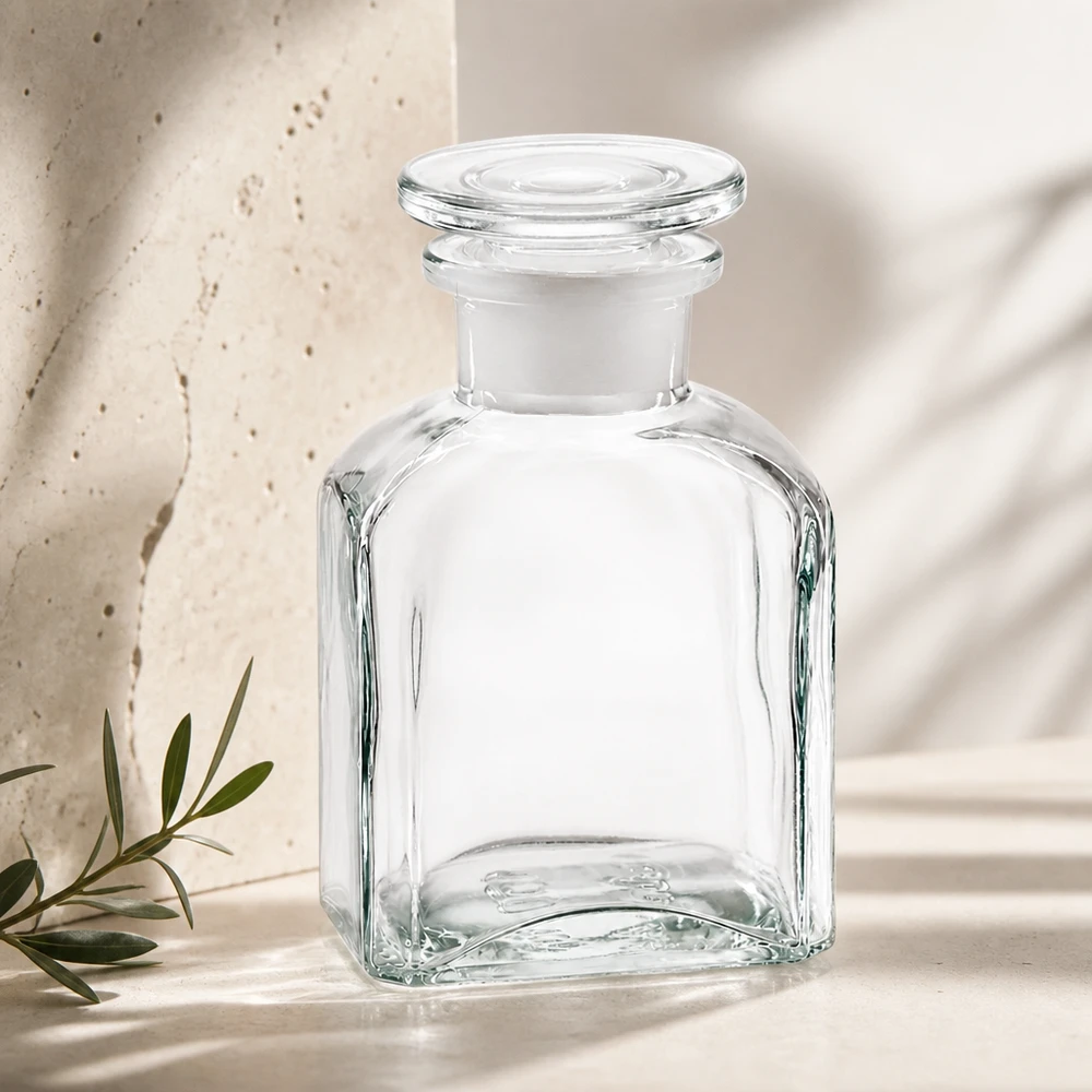 Bottiglia quadrata da 150 ml a collo largo, trasparente, con tappo in vetro opaco, per decorazione e conservazione