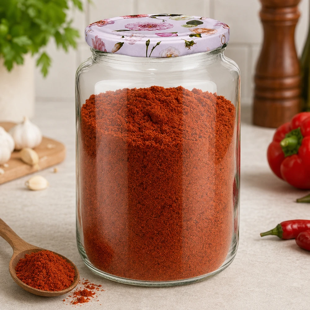 Barattolo rotondo da 795 ml + coperchio BasicSeal rosa fiore UNiTWIST Barattolo rotondo da 795 ml pieno di paprika rossa in polvere Coperchio BasicSeal rosa motivo floreale barattolo per spezie cucina