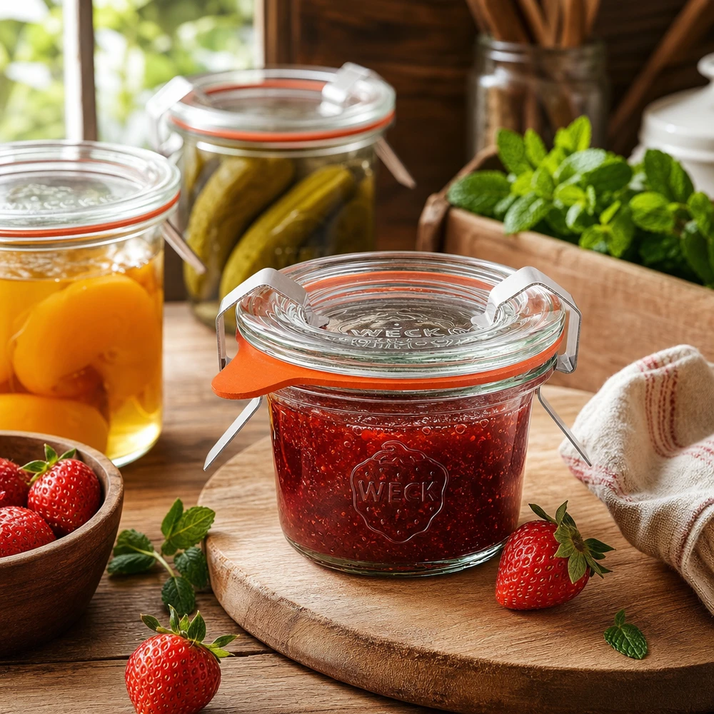 Barattolo WECK 35ml RR40 in cucina pieno di marmellata accanto a fragole fresche e altri barattoli per conserve