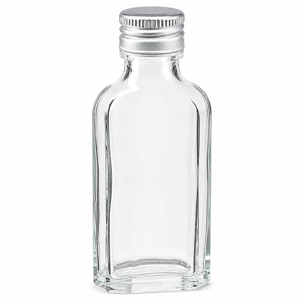 50 ml Meplat trasparente con tappo in alluminio argento PP22 Flacone in vetro Meplat da 50 ml trasparente con tappo in alluminio argentato PP22 per distillati e liquori