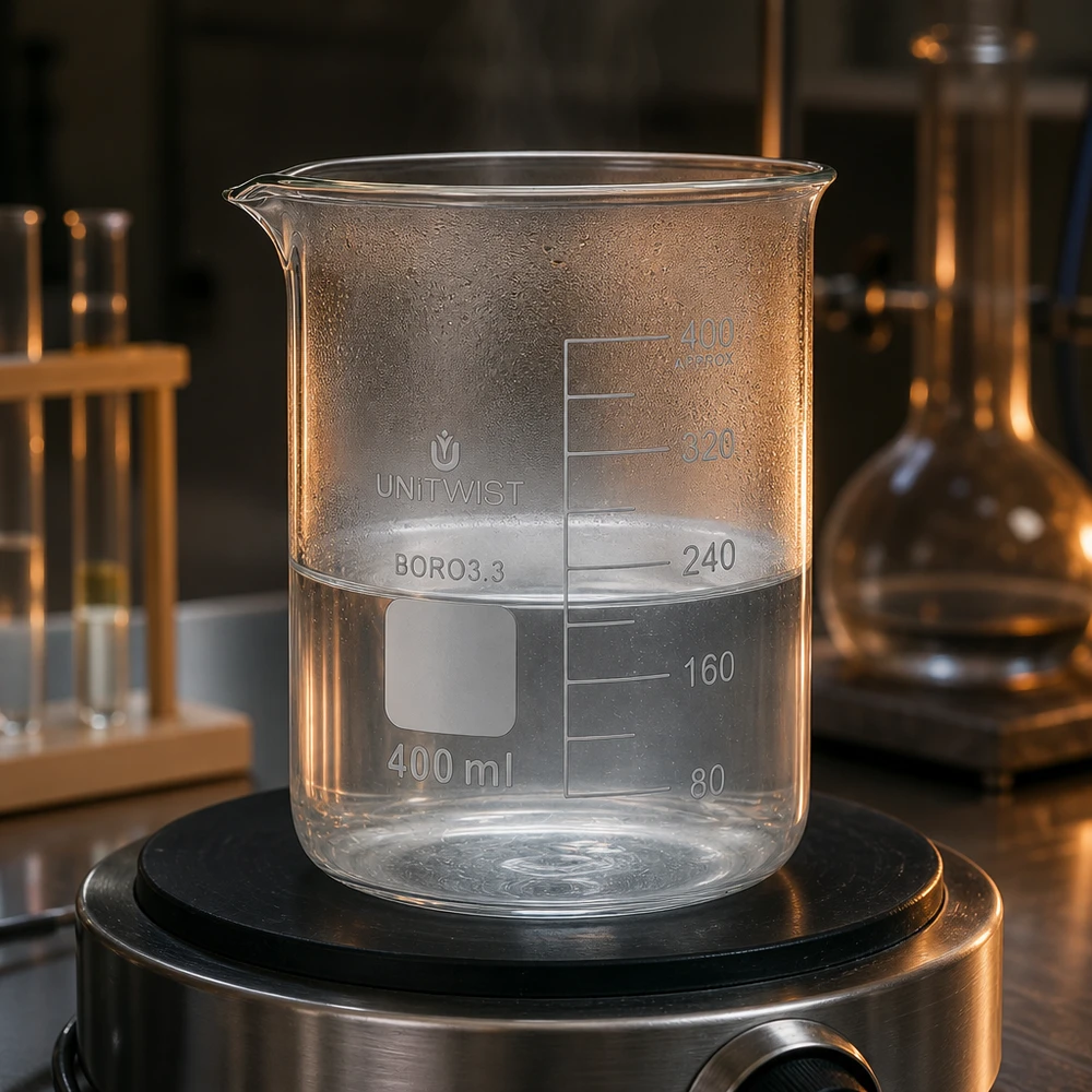 Bicchiere di vetro trasparente da 400 ml a forma bassa su un agitatore magnetico con un liquido limpido in laboratorio