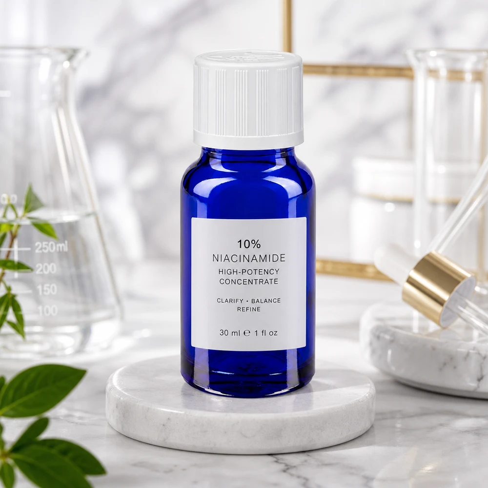 Contagocce blu da 10ml. STD KiSi bianco/1,2mm ApoGlas Flacone contagocce da 10 ml in vetro da farmacia di colore blu con tappo di sicurezza per bambini bianco, contenente siero alla niacinamide