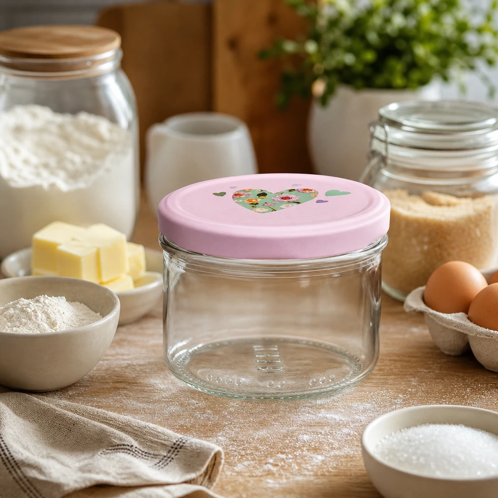 Barattolo cilindrico da 230 ml + coperchio BasicSeal rosa cuore Barattolo cilindrico vuoto da 230 ml con coperchio rosa a forma di cuore in una cucina accogliente tra ingredienti da forno e barattoli di conservazione