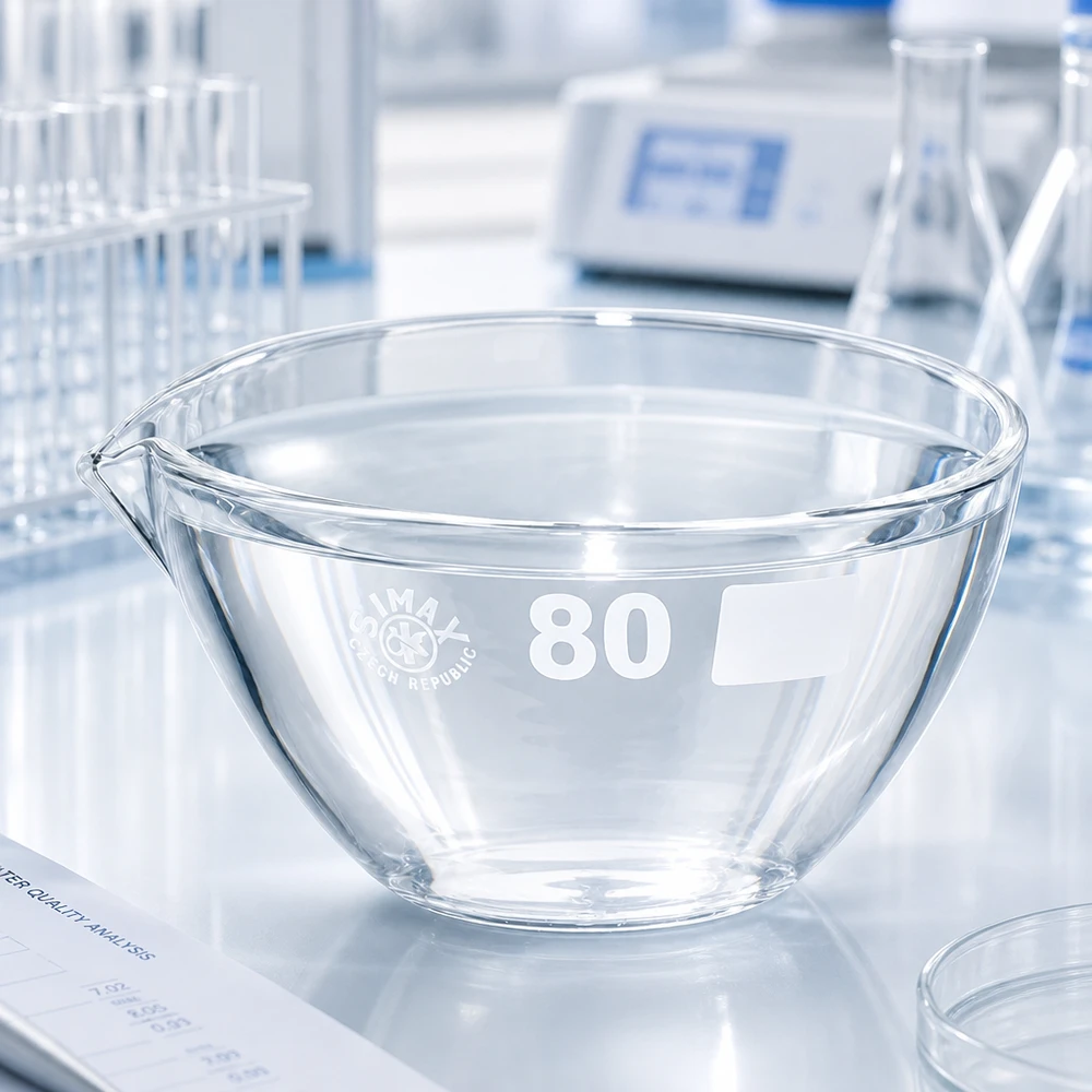 Piatto di evaporazione da 90ml con beccuccio in borosilicato ø80mm Piatto di evaporazione in borosilicato resistente agli agenti chimici da 90 ml con beccuccio per esperimenti di laboratorio
