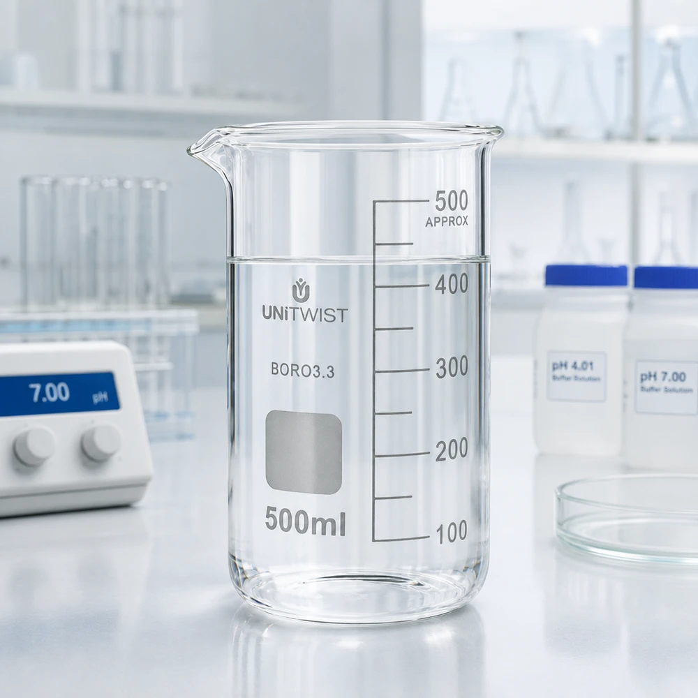 Bicchiere di vetro vuoto da 500 ml, forma alta, in vetro borosilicato trasparente 3.3, accanto al pHmetro in laboratorio