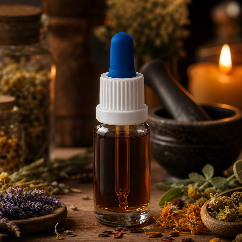 Flacone con pipetta per aromaterapia da 10 ml in vetro trasparente con mortaio per erbe aromatiche e candela sullo sfondo