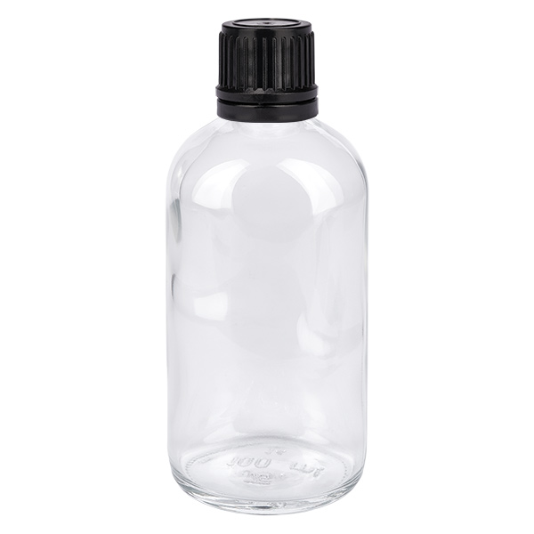 100ml (Globul)Flas. 3mm GR s. STD ClearL. UT18/100 Bottiglia di vetro trasparente da 100 ml con tappo a vite nero per globuli e prodotti omeopatici