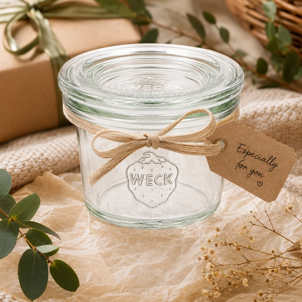 Bicchieri WECK RR40 da 35 ml in regalo, decorati con fiocco e targhetta in un ambiente naturale con piante