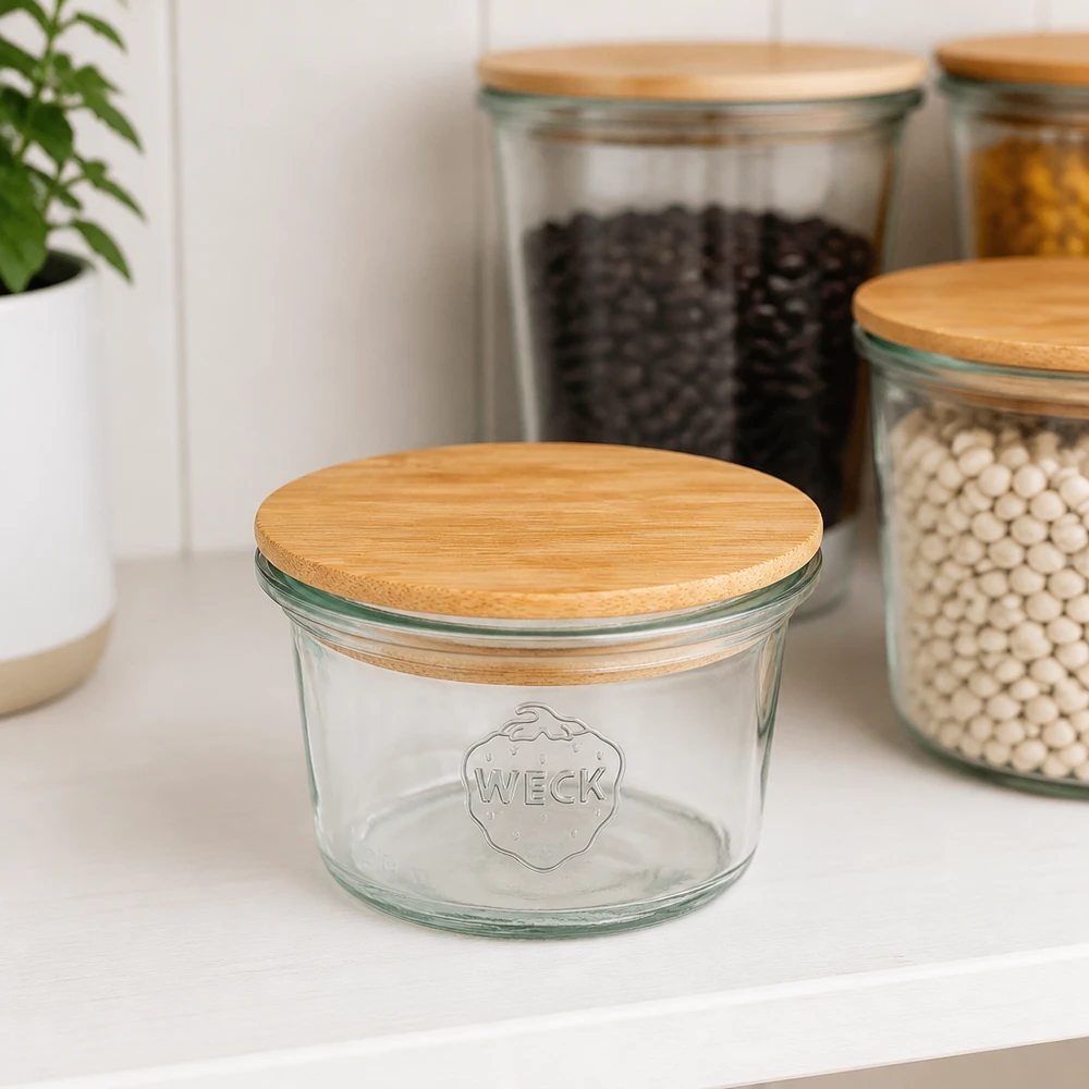 WECK mini mason jar 35ml RR40 con coperchio in legno di bambù in una cucina moderna accanto a barattoli con fagioli e lenticchie