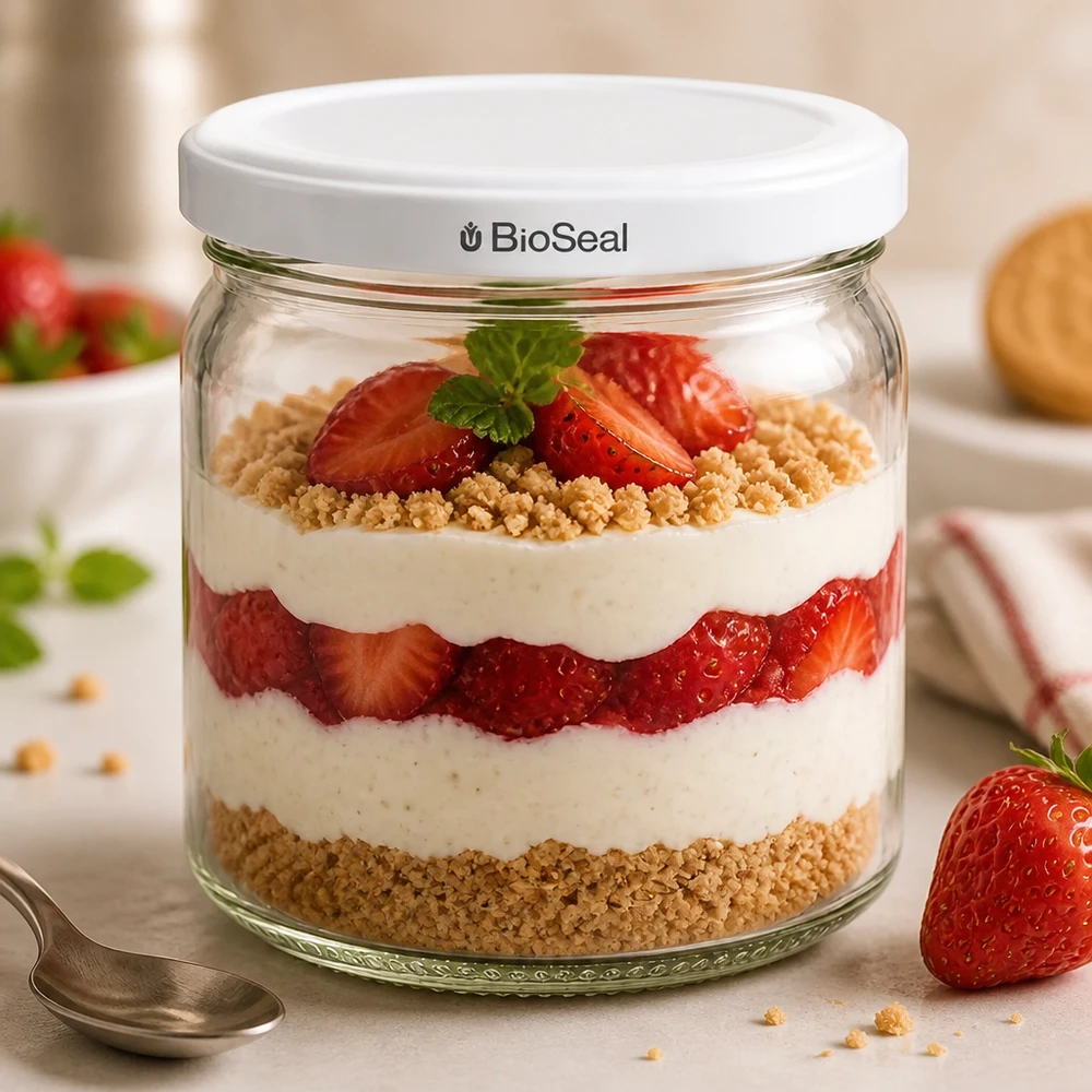 UNiTWIST Runda408 con coperchio bianco TO82 BioSeal UNiTWIST Runda408 come vaso da dessert con fragole e panna - dessert creativi a strati in un vaso di conservazione BioSeal