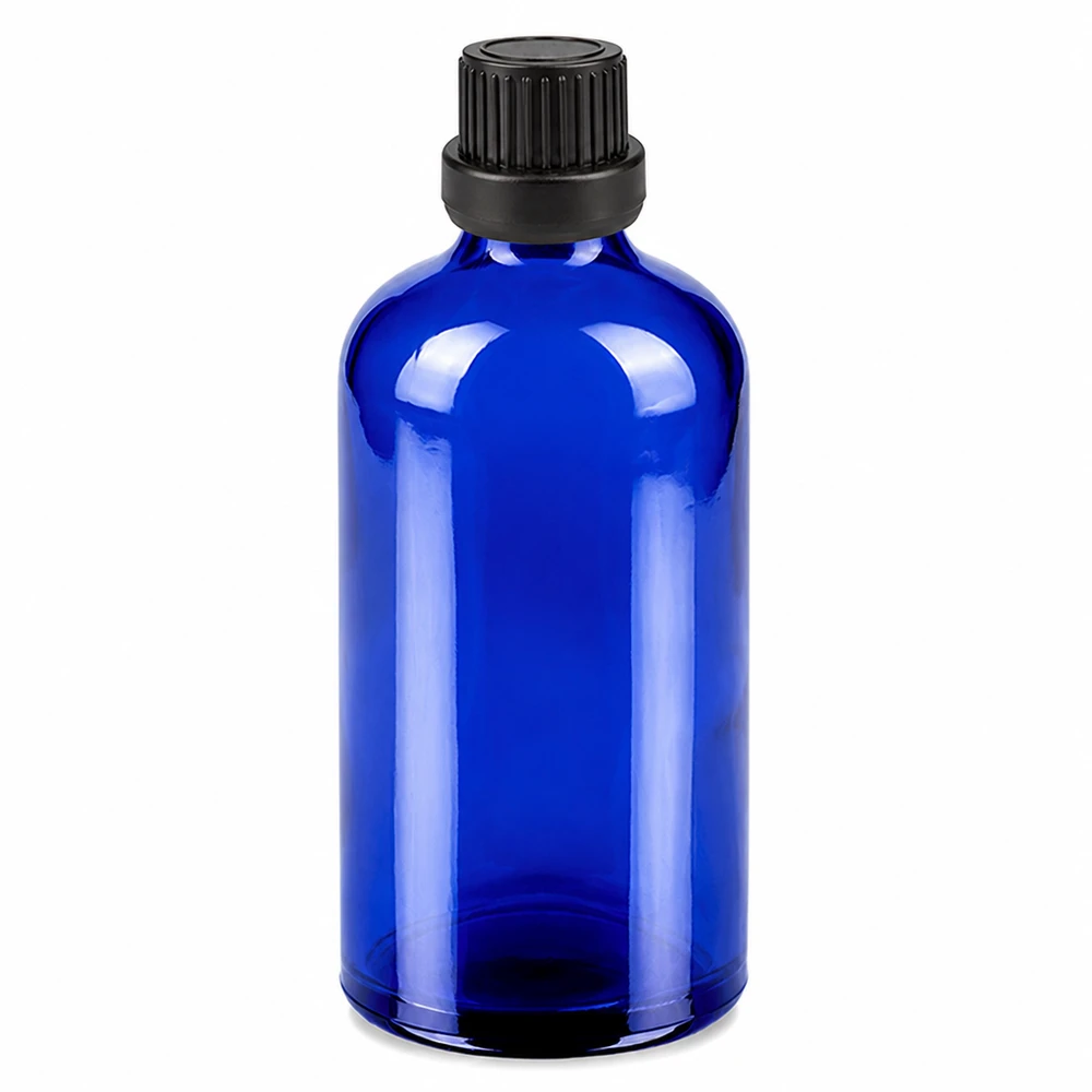 Flacone contagocce da 100 ml. 2 mm nero OV BlueLine UT18/100 Flacone in vetro blu da 100 ml con tappo contagocce nero da 2 mm per cosmetici e oli essenziali