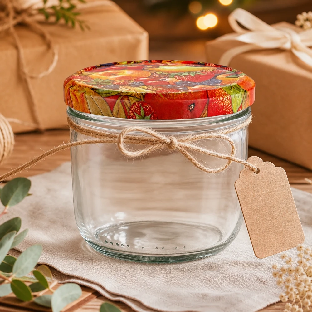 Bicchieri da 230 ml + coperchio BasicSeal con decorazione di frutta UN.. Bicchieri da 230 ml con coperchio BasicSeal con decoro di frutta in regalo, decorati con fiocco e cartellino