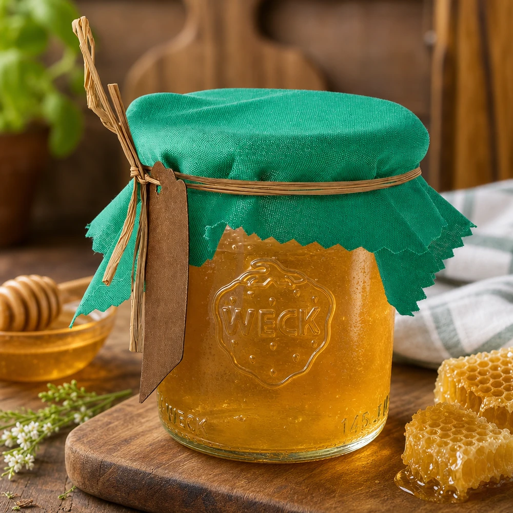 Centrino in tessuto verde di 12 cm di lato su vasetto di miele con nido d'ape e cucchiaio di legno - cucina naturale da conservare