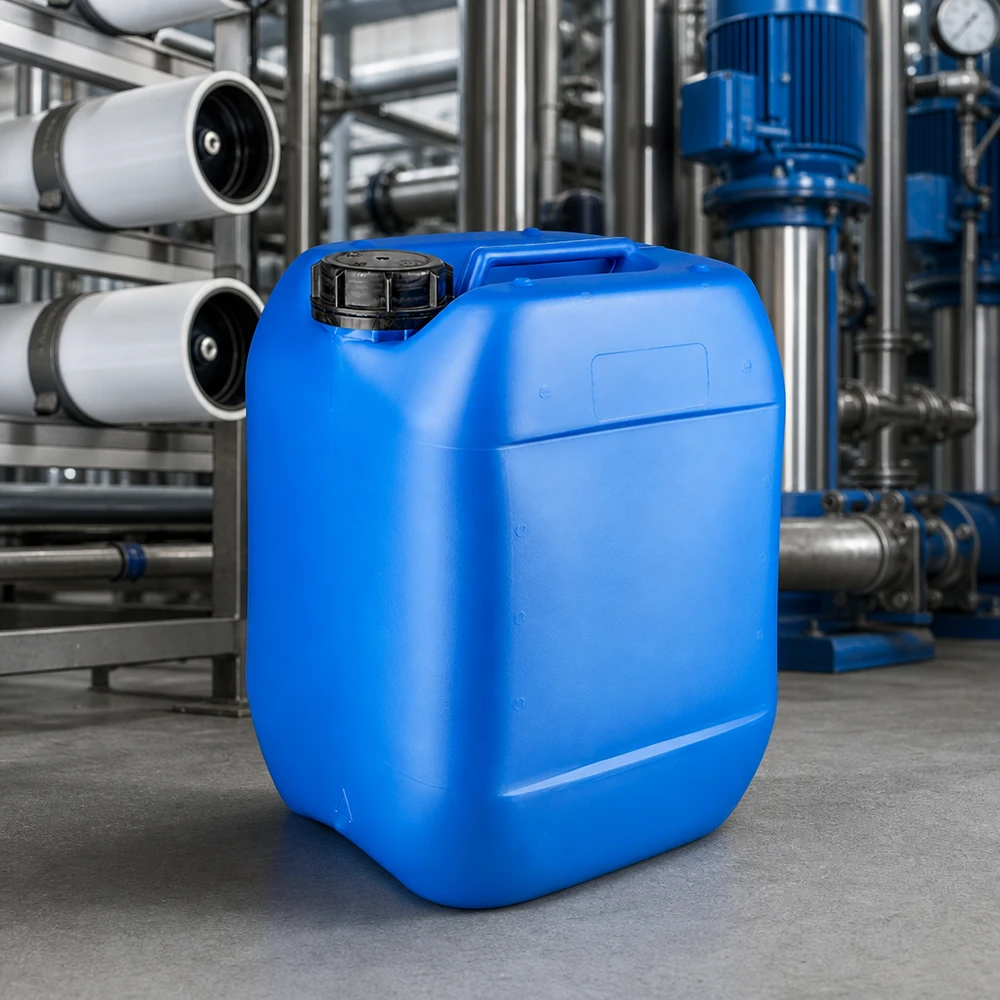 Tanica rettangolare da 10 litri, di colore blu, con tappo a vite OV e manico in plastica