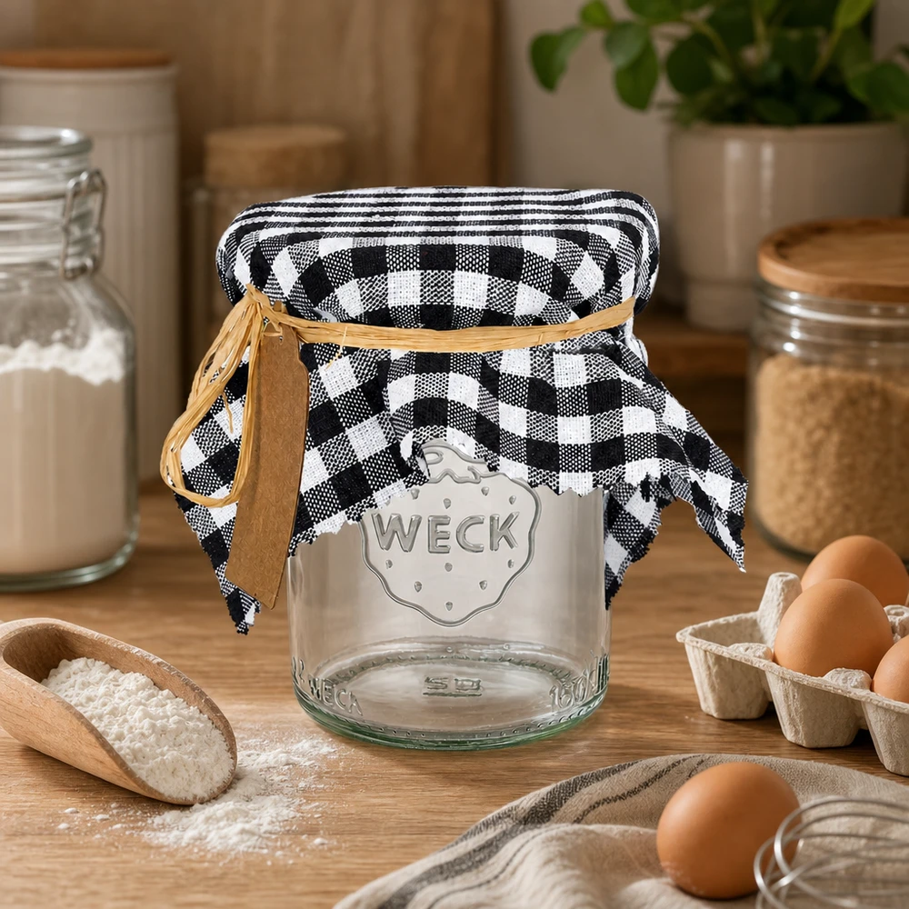 Centrino decorativo a scacchi neri con cinturino in pelle su barattolo WECK accanto a uova e farina in cucina rustica 15 cm quadrati