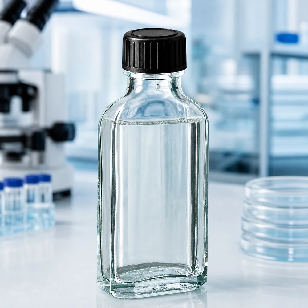 Tappo a vite trasparente Meplat da 50 ml con disco di tenuta in EPE Flacone di vetro trasparente Meplat da 50 ml con guarnizione in EPE e tappo nero in ambiente di laboratorio