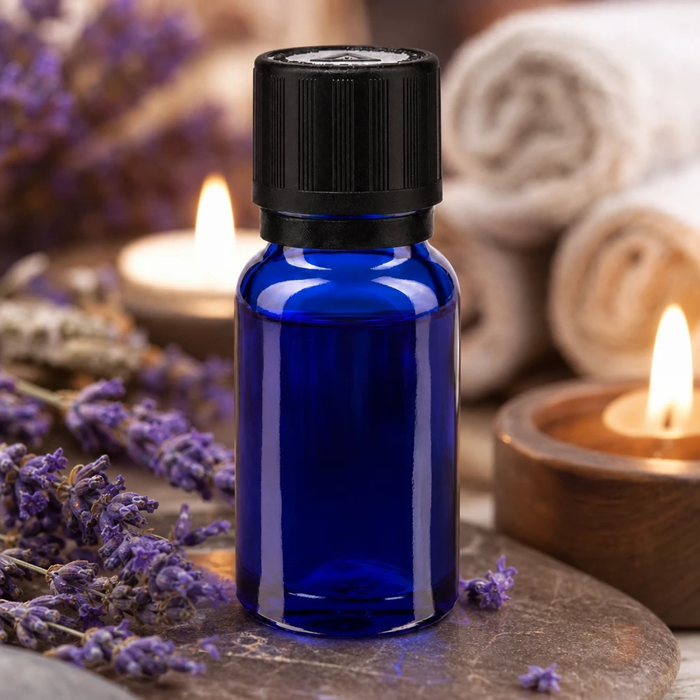 Flacone di vetro blu da 10 ml con contagocce, tra fiori di lavanda e candele in un’atmosfera da spa