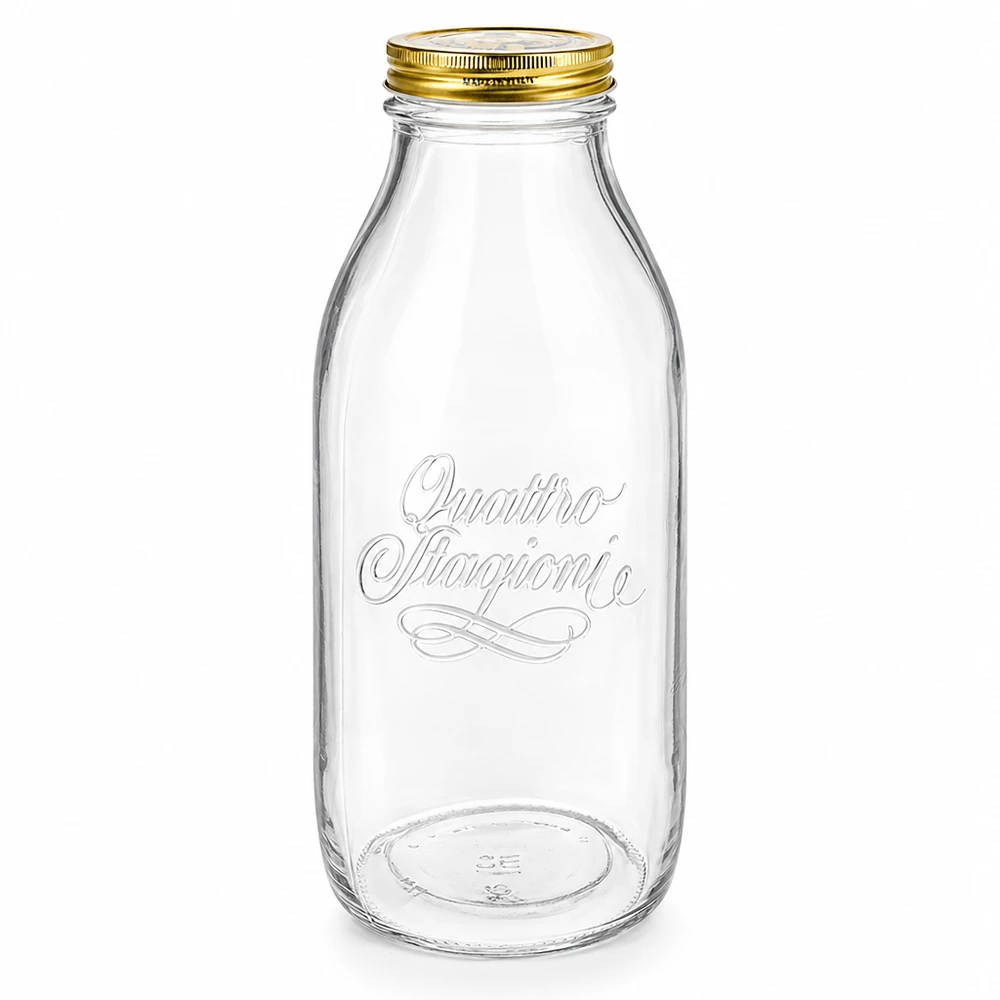 Bottiglia da 1000 ml in vetro Quattro Stagioni con tappo a vite dorato, trasparente con elegante scritta, design bottiglia di latte