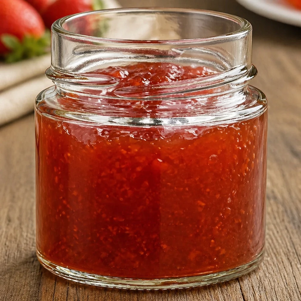 UNiTWIST Runda135 - Barattolo rotondo capacità 135ml TO58deep Barattolo rotondo 135ml riempito di marmellata rossa TO58 coperchio barattolo da conserva su tavolo di legno
