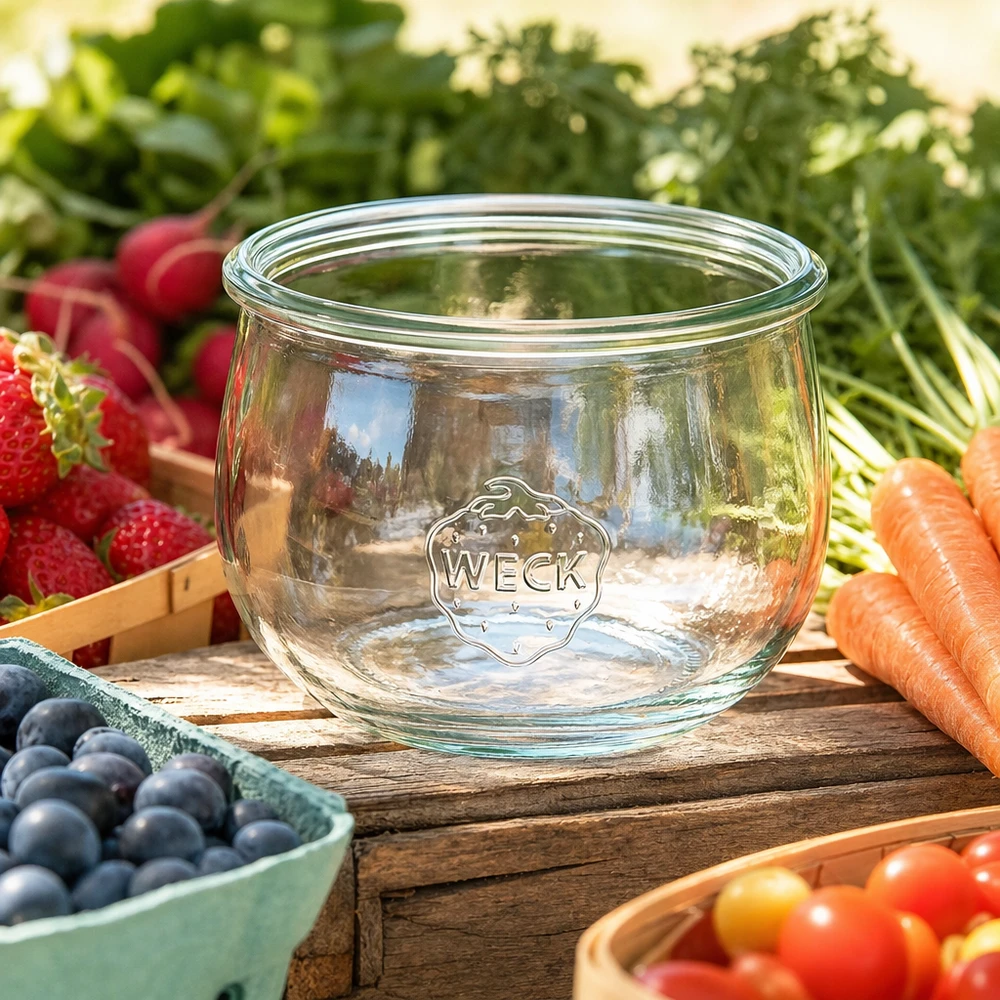 WECK vaso a tulipano 580ml RR100 vaso da conserva in vetro con logo circondato da frutta e verdura fresca su un tavolo di legno