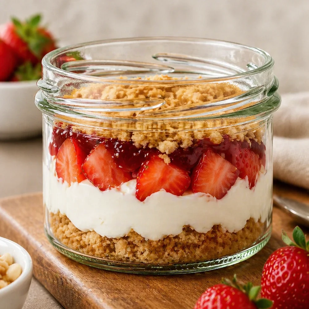 UNiTWIST Sturz225 - Capacità 225ml TO82 UNiTWIST Sturz225 tumbler 225ml TO82 con dessert alla fragola a strati base di biscotti allo yogurt in barattolo