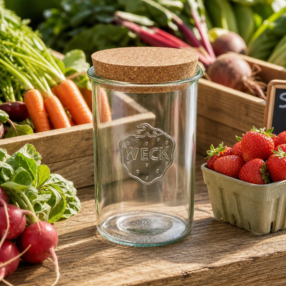 Bicchieri da 1000ml WECK RR100 con tappo in sughero naturale WECK Sturzglas 1000ml RR100 mit Korken zwischen frischem Gemüse und Erdbeeren natürliche Küchenszene Vorratsglas