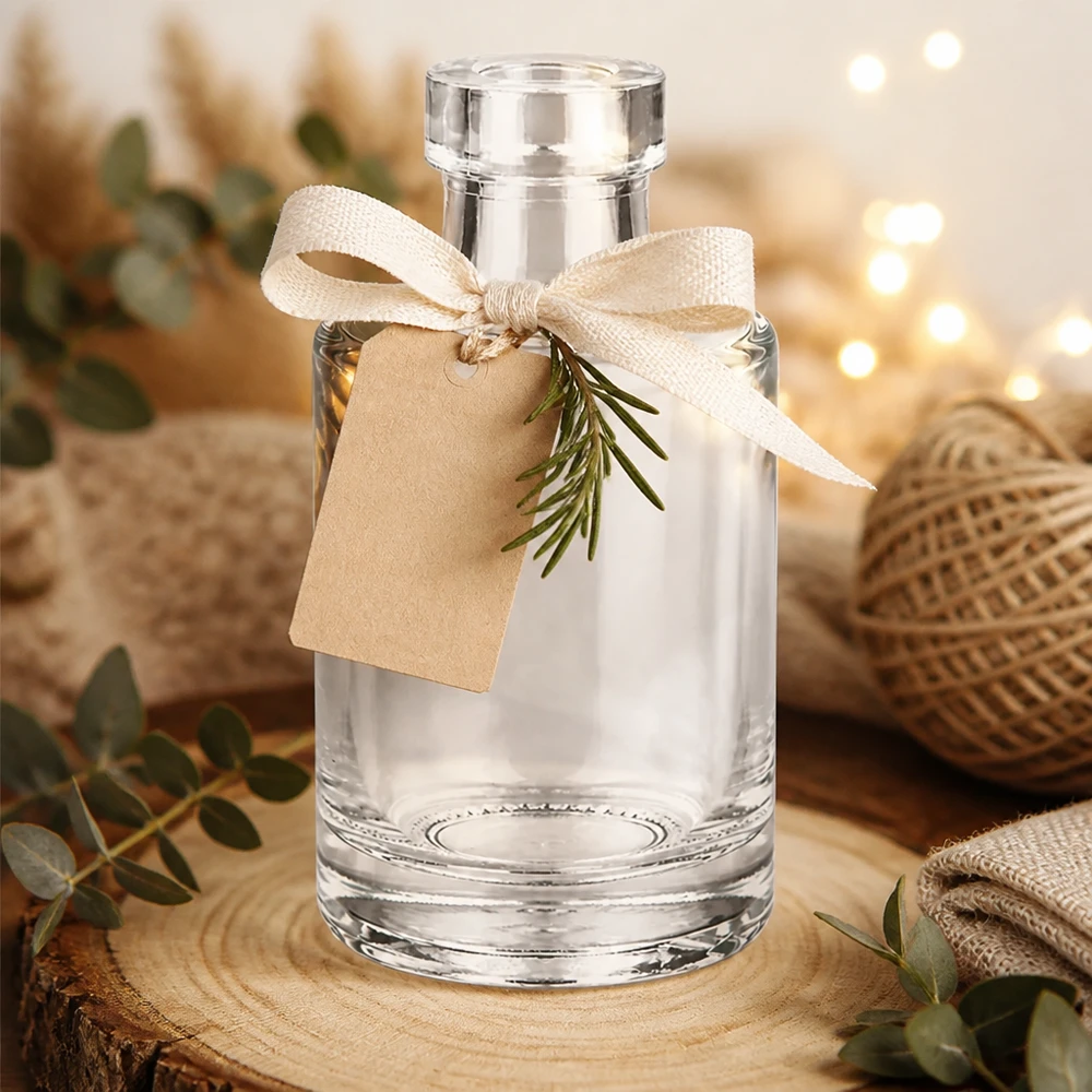 Bottiglia in vetro da 100 ml Marie senza tappo UNiTWIST® Bottiglia di vetro da 100 ml Marie decorata con nastro regalo pendente e rosmarino in un ambiente accogliente con luci fiabesche